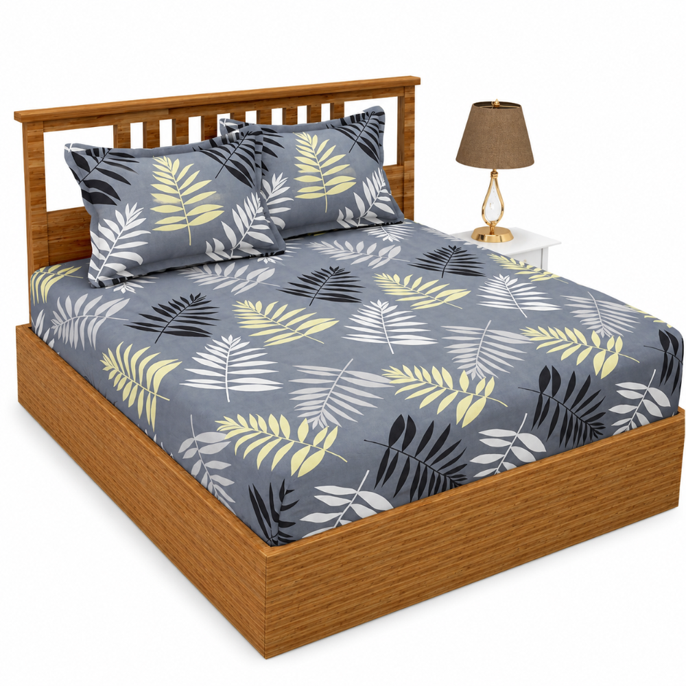 Morado Elastic Fitted Double Bedsheet with Pillow Covers- Charcoal