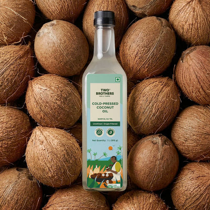 Two Brothers India Farms Coconut Oil, Made using farm grown Coconut | Cold-Pressed and Single-Filtered Oil for healthier Cooking | Kacchi Ghani/Mara Chekku, Natural and Unrefined 1 Litre