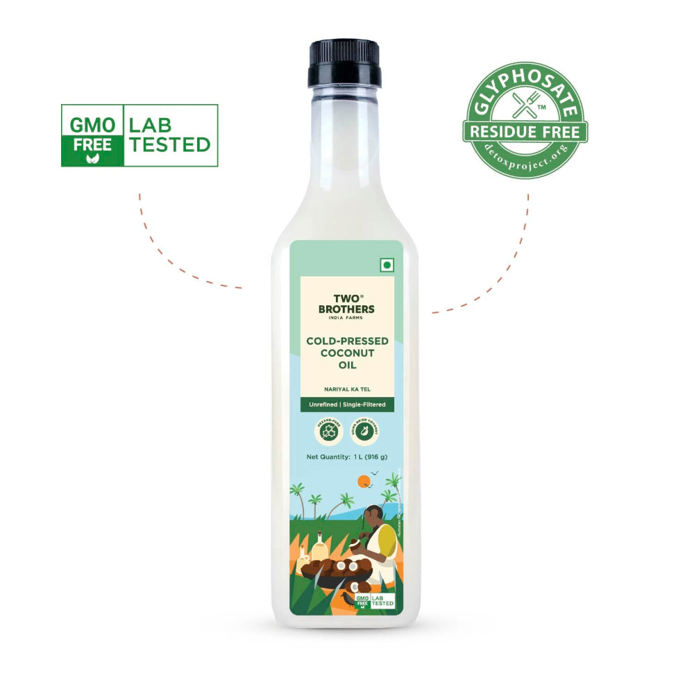 Two Brothers India Farms Coconut Oil, Made using farm grown Coconut | Cold-Pressed and Single-Filtered Oil for healthier Cooking | Kacchi Ghani/Mara Chekku, Natural and Unrefined 1 Litre