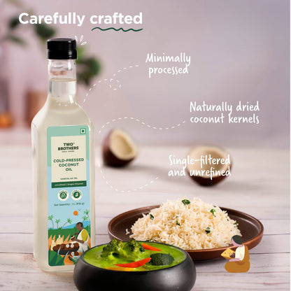 Two Brothers India Farms Coconut Oil, Made using farm grown Coconut | Cold-Pressed and Single-Filtered Oil for healthier Cooking | Kacchi Ghani/Mara Chekku, Natural and Unrefined 1 Litre