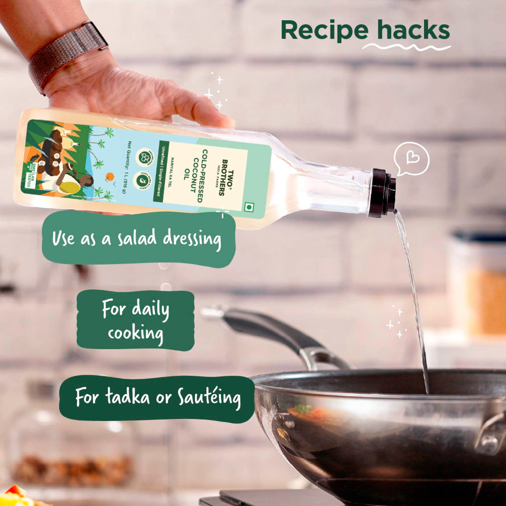 Two Brothers India Farms Coconut Oil, Made using farm grown Coconut | Cold-Pressed and Single-Filtered Oil for healthier Cooking | Kacchi Ghani/Mara Chekku, Natural and Unrefined 1 Litre