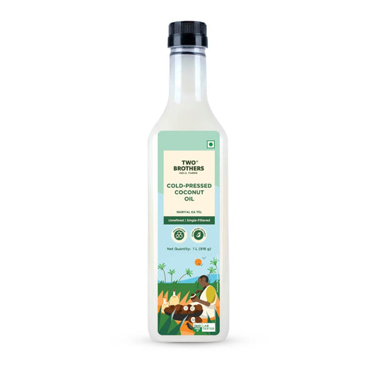Two Brothers India Farms Coconut Oil, Made using farm grown Coconut | Cold-Pressed and Single-Filtered Oil for healthier Cooking | Kacchi Ghani/Mara Chekku, Natural and Unrefined 1 Litre