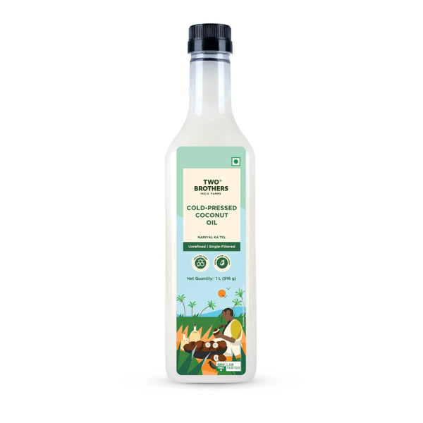 Two Brothers India Farms Coconut Oil, Made using farm grown Coconut | Cold-Pressed and Single-Filtered Oil for healthier Cooking | Kacchi Ghani/Mara Chekku, Natural and Unrefined 1 Litre