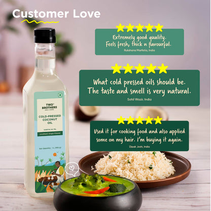 Two Brothers India Farms Coconut Oil, Made using farm grown Coconut | Cold-Pressed and Single-Filtered Oil for healthier Cooking | Kacchi Ghani/Mara Chekku, Natural and Unrefined 1 Litre