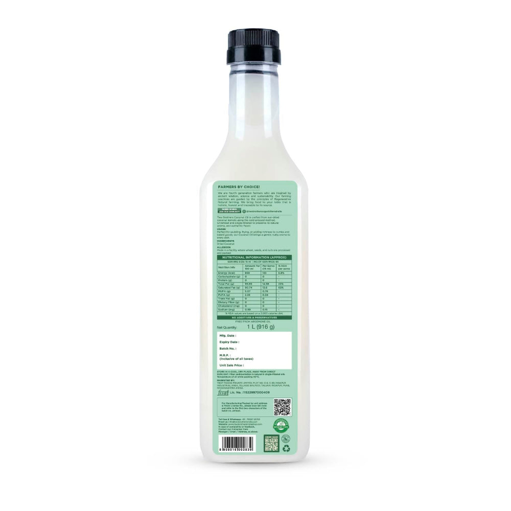 Two Brothers India Farms Coconut Oil, Made using farm grown Coconut | Cold-Pressed and Single-Filtered Oil for healthier Cooking | Kacchi Ghani/Mara Chekku, Natural and Unrefined 1 Litre