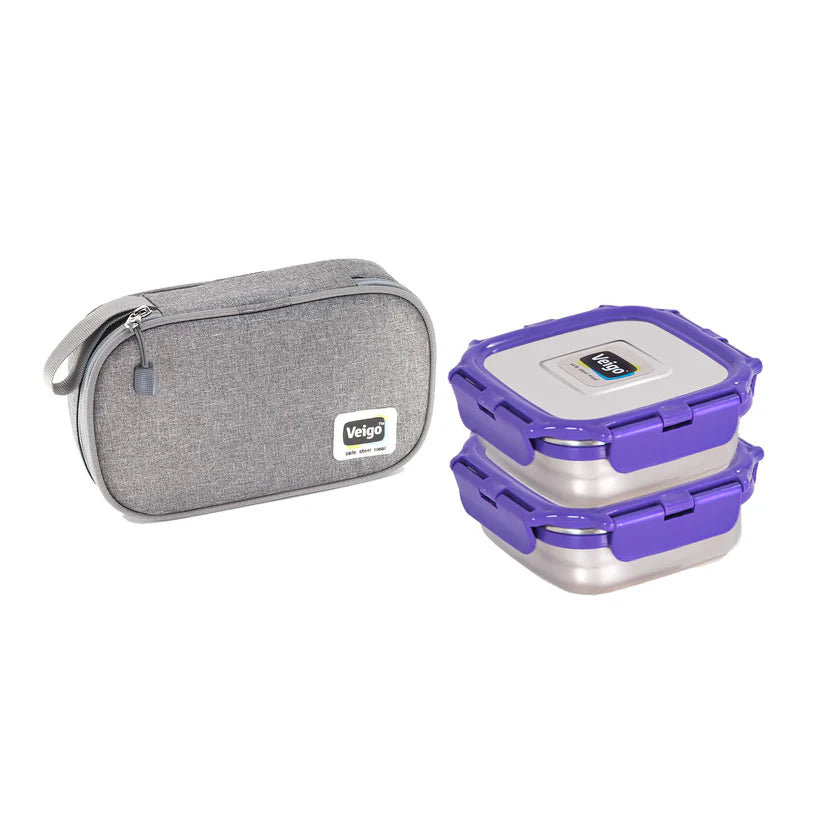 Veigo Daily- Set of 2 Medium Stainless Steel Lunch Boxes in a flat Insulated Pouch