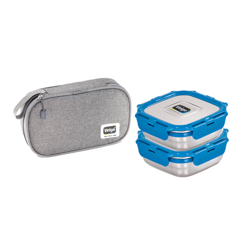 Veigo Daily- Set of 2 Medium Stainless Steel Lunch Boxes in a flat Insulated Pouch