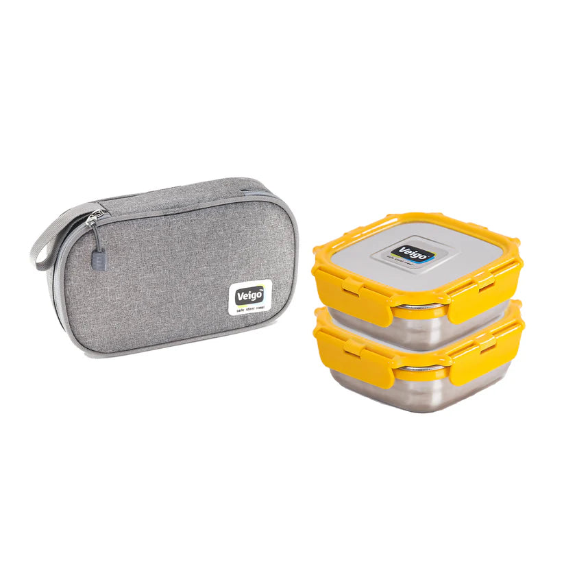 Veigo Daily- Set of 2 Medium Stainless Steel Lunch Boxes in a flat Insulated Pouch