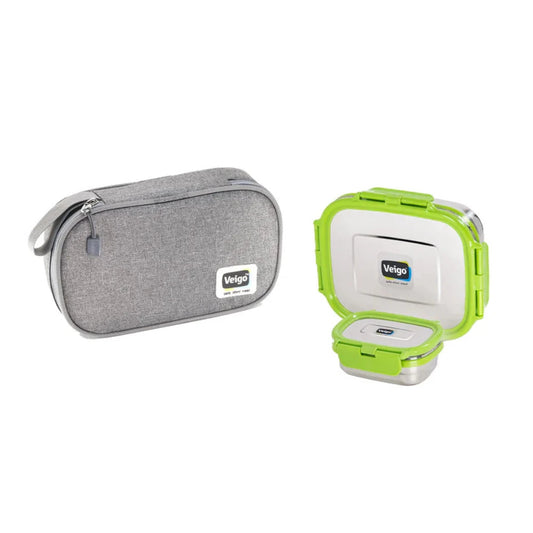 Veigo On The Go - Stainless Steel Large Lunch Box with Veg Box in a Flat Insulated Pouch