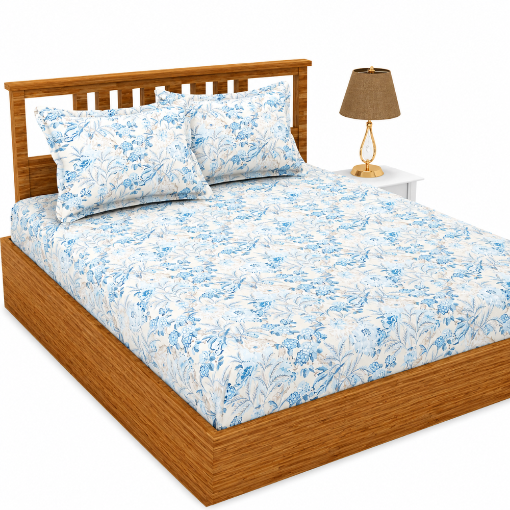 Morado Elastic Fitted Double Bedsheet with Pillow Covers- Cream & Blue