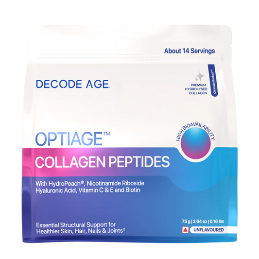 Decode Age OptiAge Collagen Supplement | Supports Hair, Skin, Bone and Joint Health | Type 1 Hydrolysed Collagen, HydroPeach, NR, Vitamin C& E, Hyaluronic Acid, Biotin | 75 gm, 14 Servings