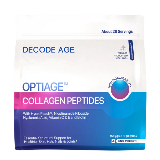 Decode Age OptiAge Collagen Supplement | Supports Hair, Skin, Bone and Joint Health | Type 1 Hydrolysed Collagen, HydroPeach, NR, Vitamin C& E, Hyaluronic Acid, Biotin | 150 gm, 28 Servings