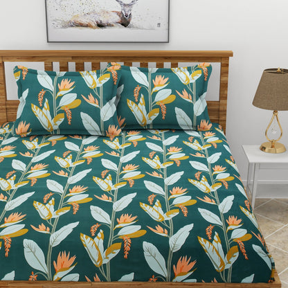Morado Elastic Fitted Double Bedsheet with Pillow Covers- Dark Green Leaf