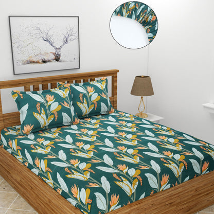 Morado Elastic Fitted Double Bedsheet with Pillow Covers- Dark Green Leaf