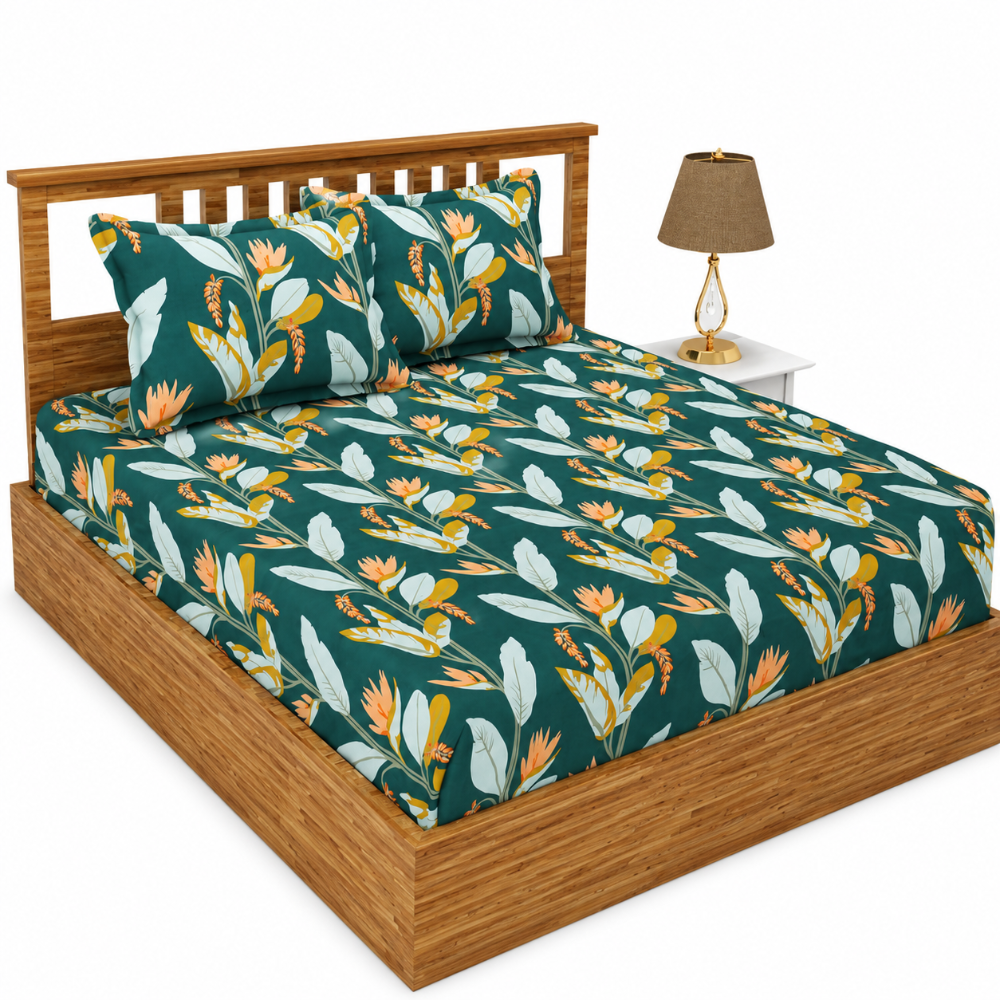 Morado Elastic Fitted Double Bedsheet with Pillow Covers- Dark Green Leaf