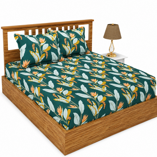 Morado Elastic Fitted Double Bedsheet with Pillow Covers- Dark Green Leaf