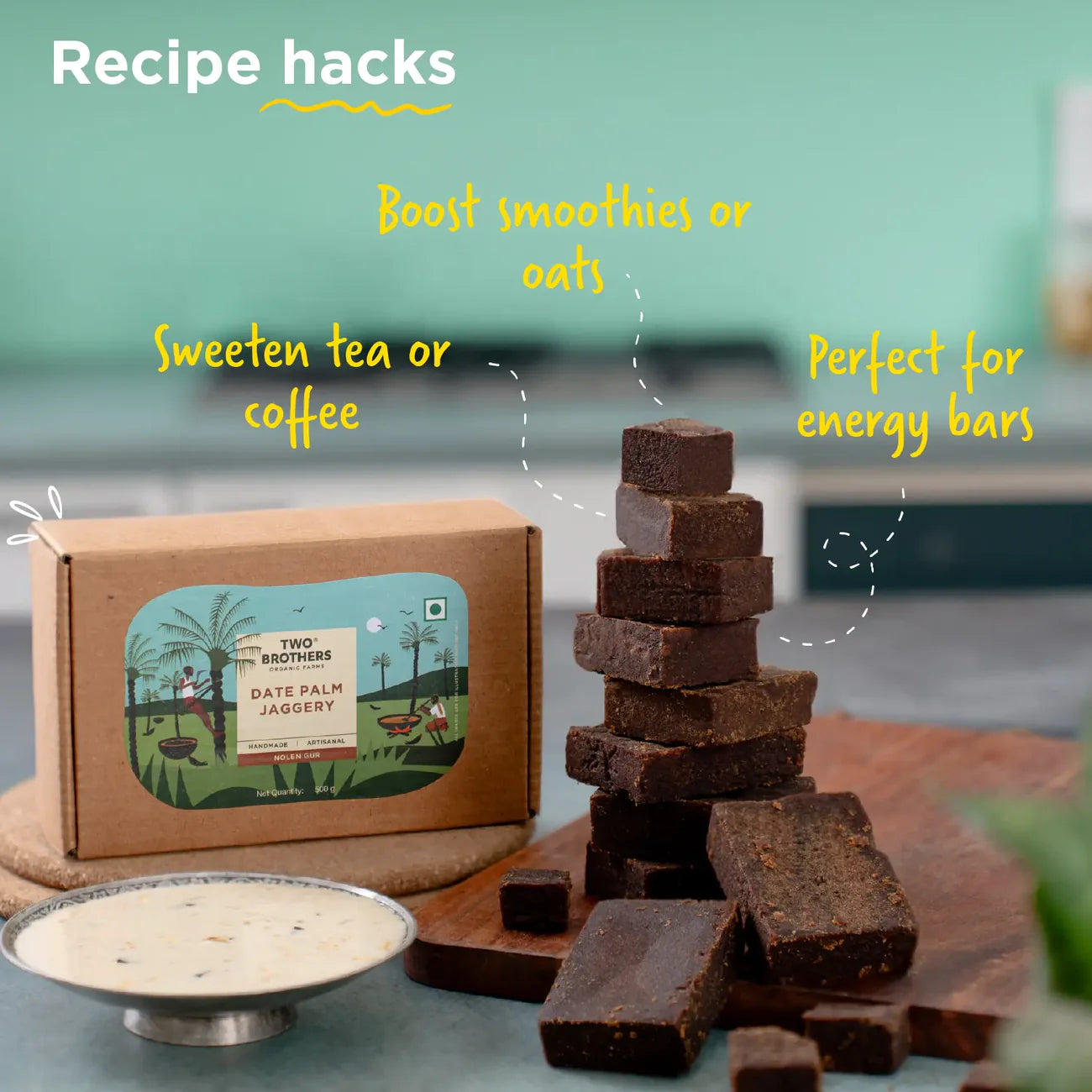 Two Brother Organic Farms Date Palm Jaggery Solid, Pure Date Palm Sap 500 Gms