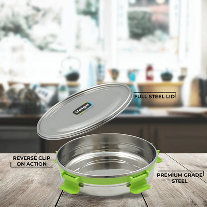 Veigo Maxosteel Round Storage Boxes with reversible clip mechanism- Set of 3 lunch boxes containers