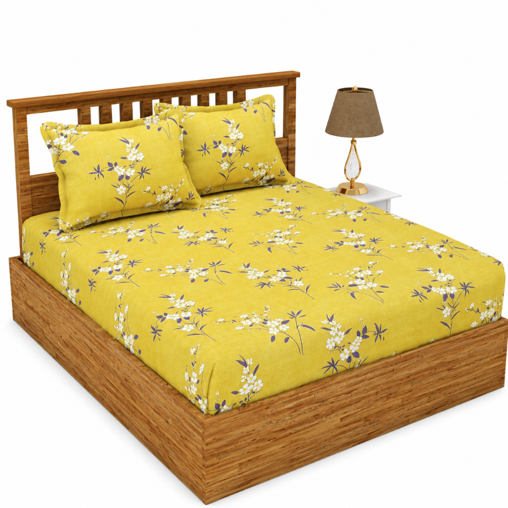 Morado Elastic Fitted Double Bedsheet with Pillow Covers- Gold Floral