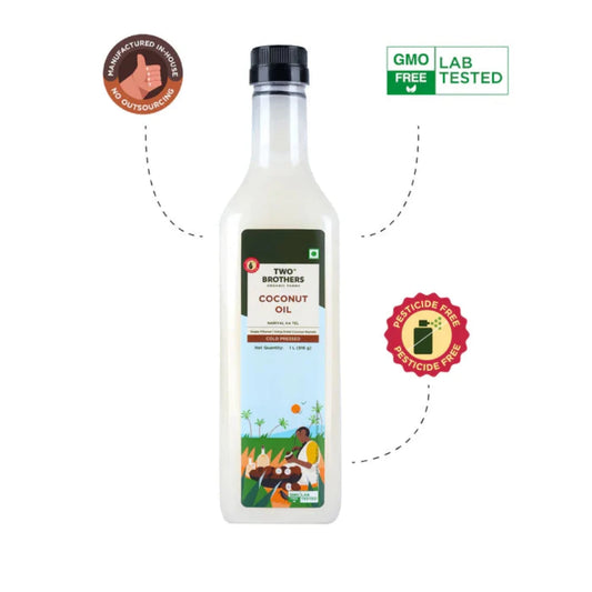 Two Brothers Organic Farms Coconut Oil, Made using farm grown Coconut | Cold-Pressed and Single-Filtered Oil for healthier Cooking | Kacchi Ghani/Mara Chekku, Natural and Unrefined 1 Litre