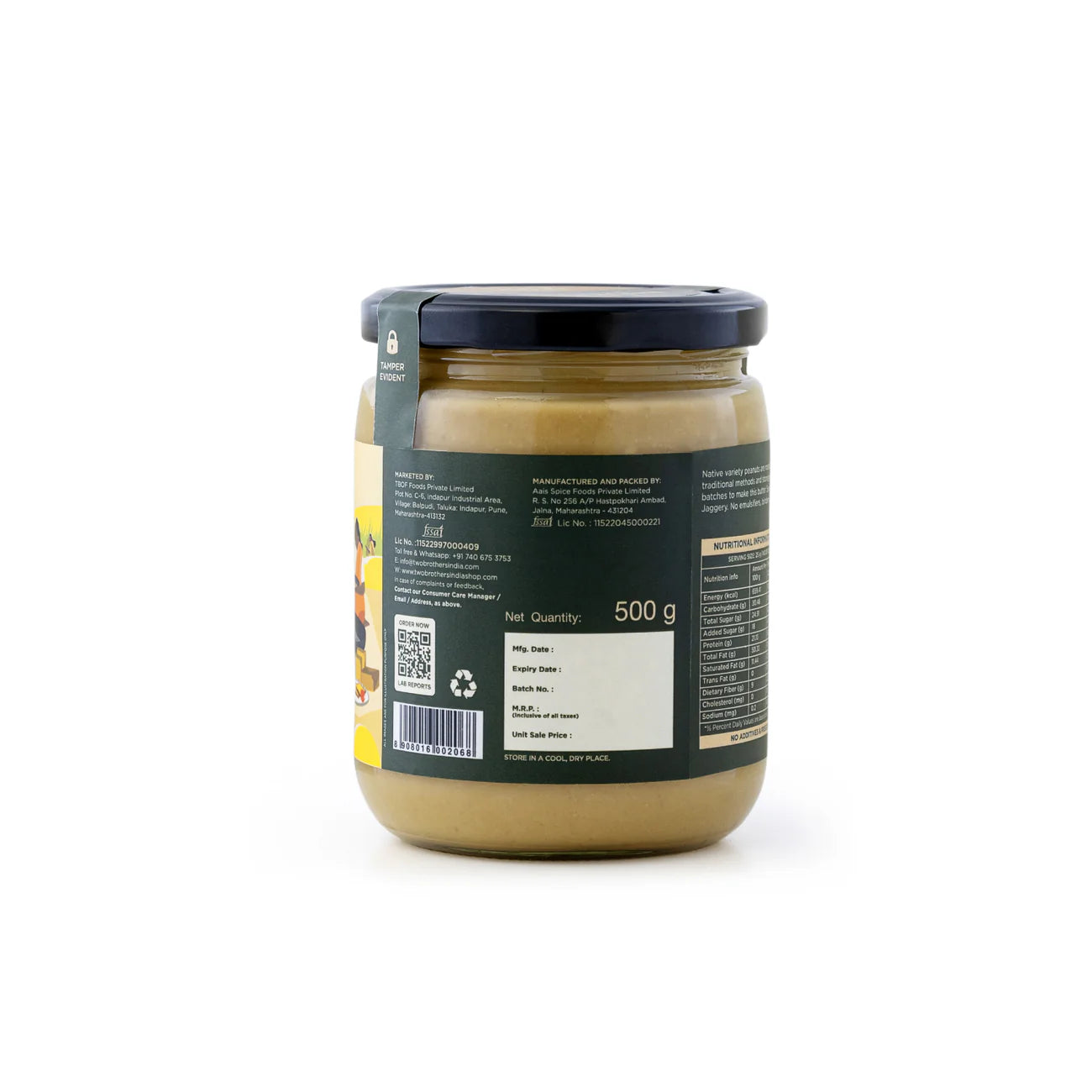 Two Brothers Organic Farms Peanut Butter, Crunchy with Jaggery, Stoneground 500 Gms