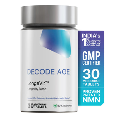 Decode Age LongeVit™ Supplement | NAD+ Supplement Blend | Supports Energy, Immunity, Sleep, Brain, and Skin Health | NMN, Pterostilbene, CoQ10, Ca AKG | 30 Tablets, Vegan
