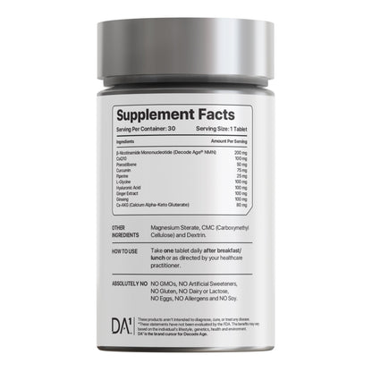 Decode Age LongeVit™ Supplement | NAD+ Supplement Blend | Supports Energy, Immunity, Sleep, Brain, and Skin Health | NMN, Pterostilbene, CoQ10, Ca AKG | 30 Tablets, Vegan