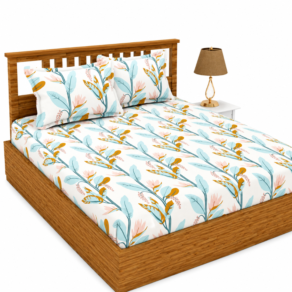 Morado Premium Glace Cotton Elastic Fitted Double Bedsheet with 2 Pillow Covers (72x78x8 Inches)- Light Green Leaves