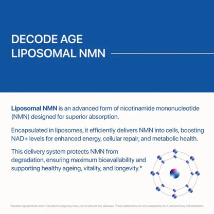 Decode Age Liposomal NMN Supplement | 99.9% Pure Beta NMN | NAD+ Booster for Energy, Metabolism, Cellular Repair & Brain Health | High Bioavailability| 500mg, 30 Capsules, Vegan