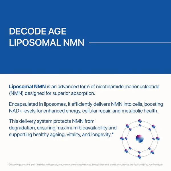 Decode Age Liposomal NMN Supplement | 99.9% Pure Beta NMN | NAD+ Booster for Energy, Metabolism, Cellular Repair & Brain Health | High Bioavailability| 500mg, 30 Capsules, Vegan