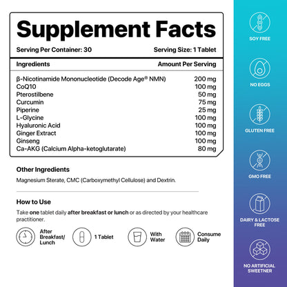 Decode Age LongeVit™ Supplement | NAD+ Supplement Blend | Supports Energy, Immunity, Sleep, Brain, and Skin Health | NMN, Pterostilbene, CoQ10, Ca AKG | 30 Tablets, Vegan