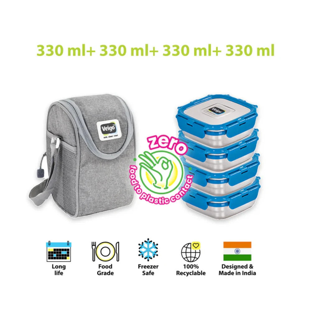 Veigo LunchBoss Combo- Tower of 4 Stainless Steel Medium Lunch Boxes in an Insulated Lunch Bag