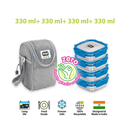 Veigo LunchBoss Combo- Tower of 4 Stainless Steel Medium Lunch Boxes in an Insulated Lunch Bag