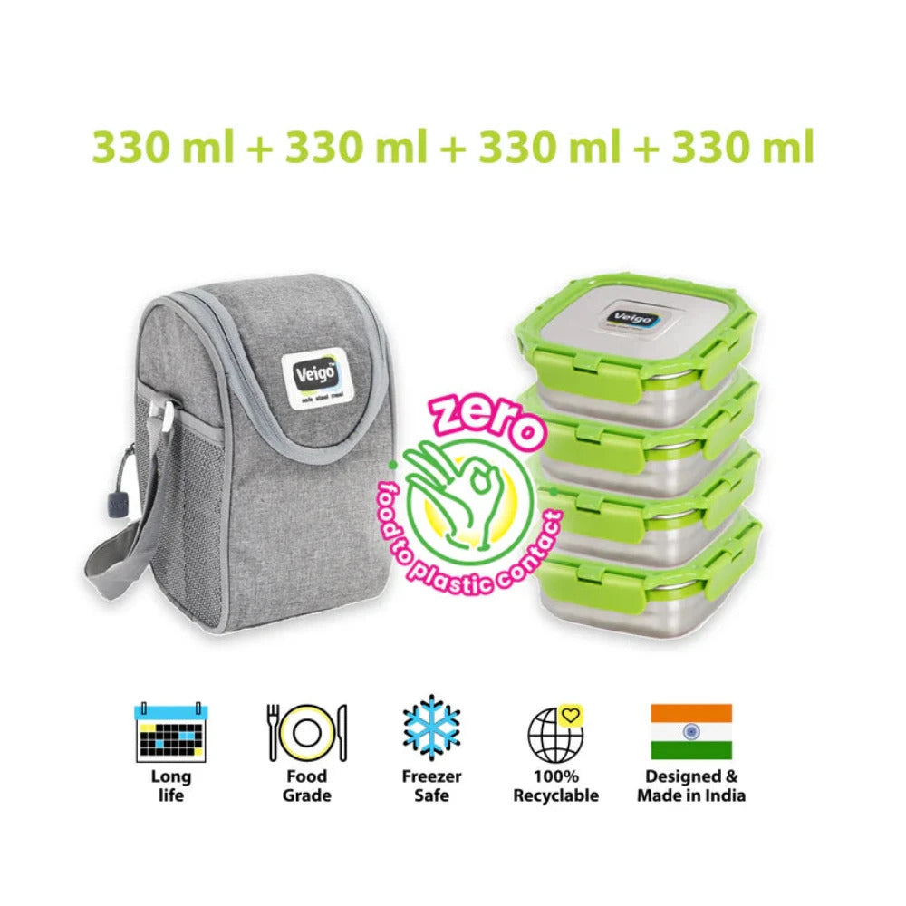 Veigo LunchBoss Combo- Tower of 4 Stainless Steel Medium Lunch Boxes in an Insulated Lunch Bag