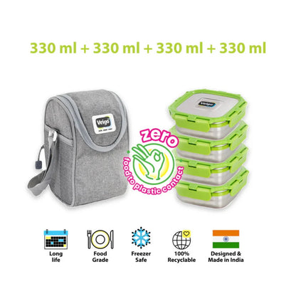 Veigo LunchBoss Combo- Tower of 4 Stainless Steel Medium Lunch Boxes in an Insulated Lunch Bag