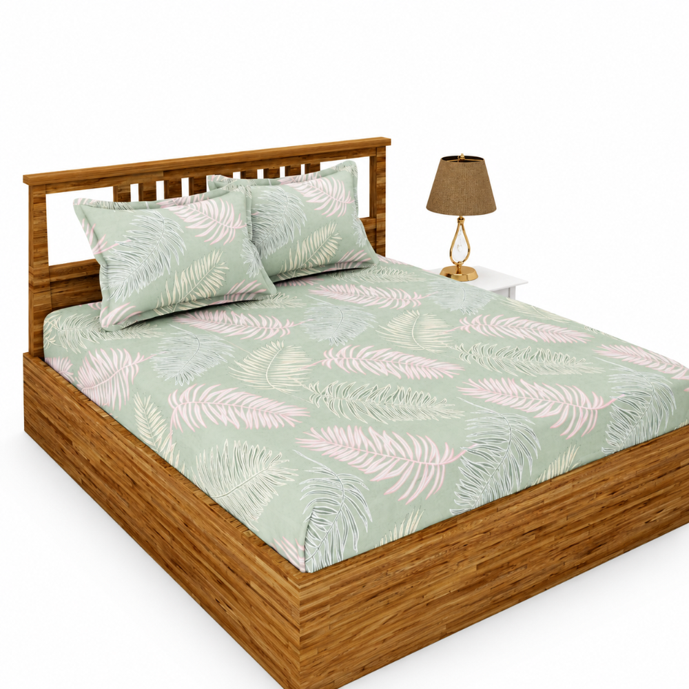 Morado Elastic Fitted Double Bedsheet with Pillow Covers- Maple Green Leaf
