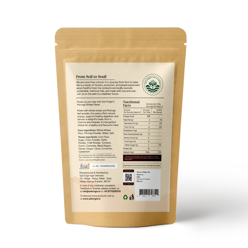 Soil Origin Moringa Wheat Pasta (Seasoning Masala Inside)