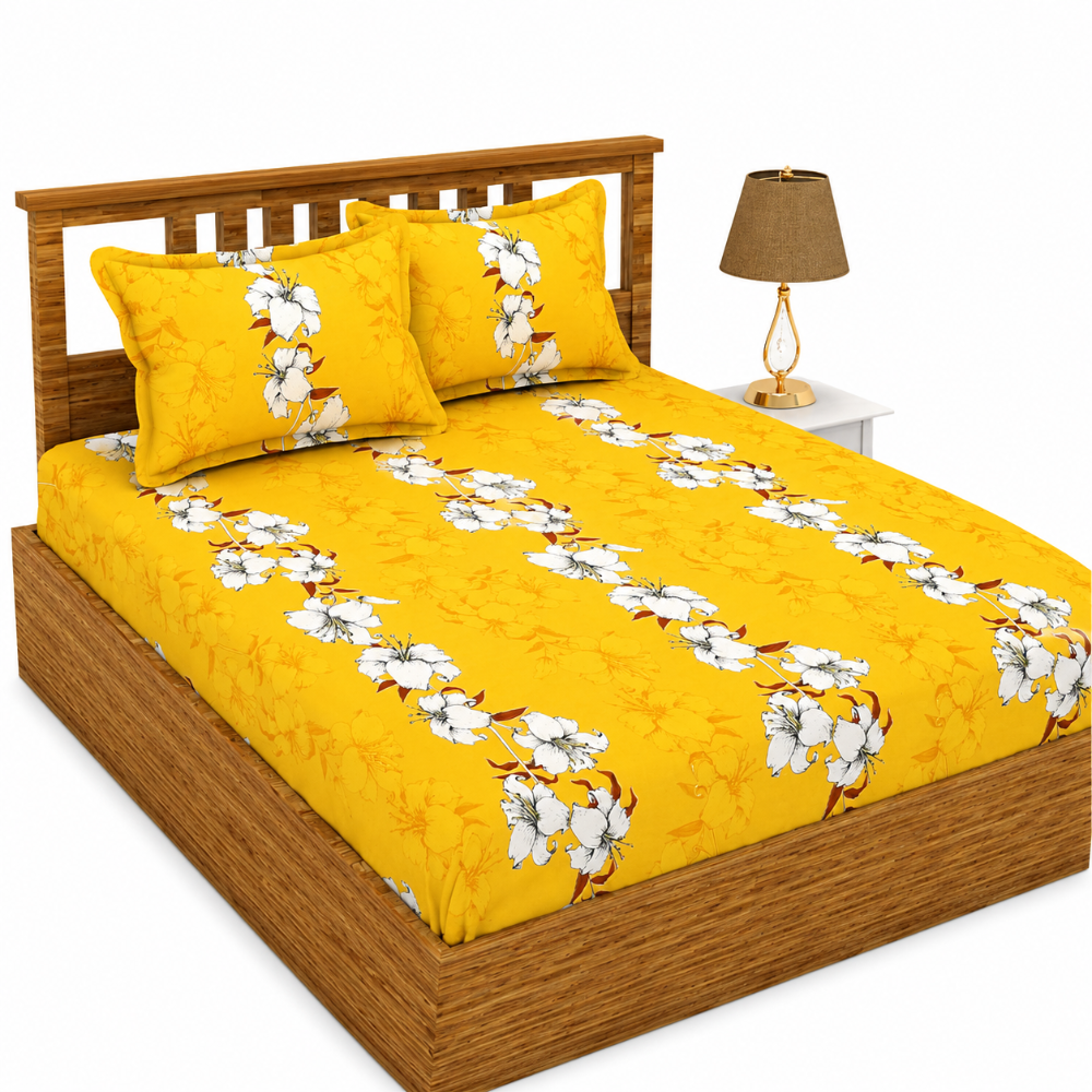 Morado Premium Glace Cotton Elastic Fitted Double Bedsheet with 2 Pillow Covers (72x78x8 Inches)- Mustard White Flower