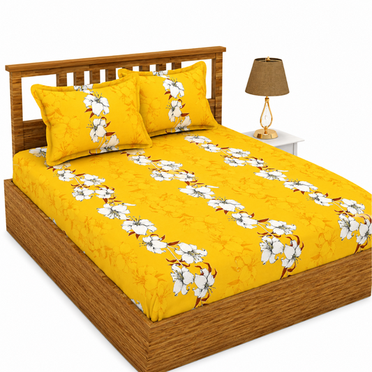Morado Premium Glace Cotton Elastic Fitted Double Bedsheet with 2 Pillow Covers (72x78x8 Inches)- Mustard White Flower