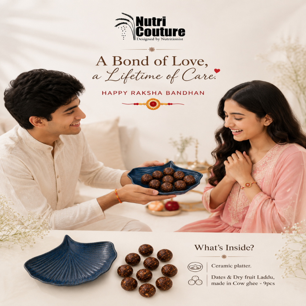 Nutri Couture Rakhi Hamper Box Blue Ceramic Platter with Dates & Dryfruit Laddus - NCD#4