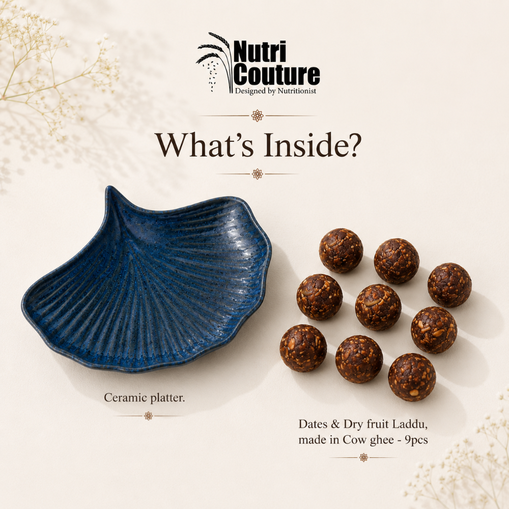 Nutri Couture Rakhi Hamper Box Blue Ceramic Platter with Dates & Dryfruit Laddus - NCD#4