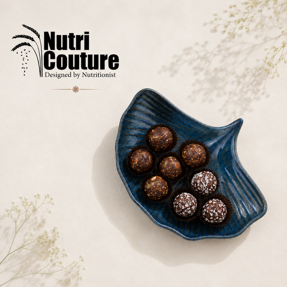 Nutri Couture Rakhi Hamper Box Blue Ceramic Platter with Dates & Dryfruit Laddus - NCD#4