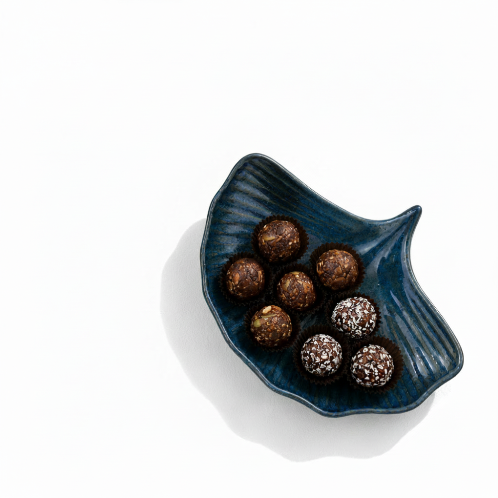 Nutri Couture Rakhi Hamper Box Blue Ceramic Platter with Dates & Dryfruit Laddus - NCD#4
