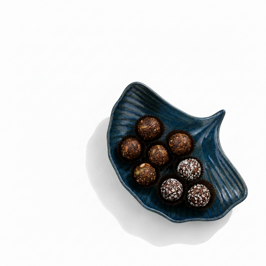 Nutri Couture Rakhi Hamper Box Blue Ceramic Platter with Dates & Dryfruit Laddus - NCD#4