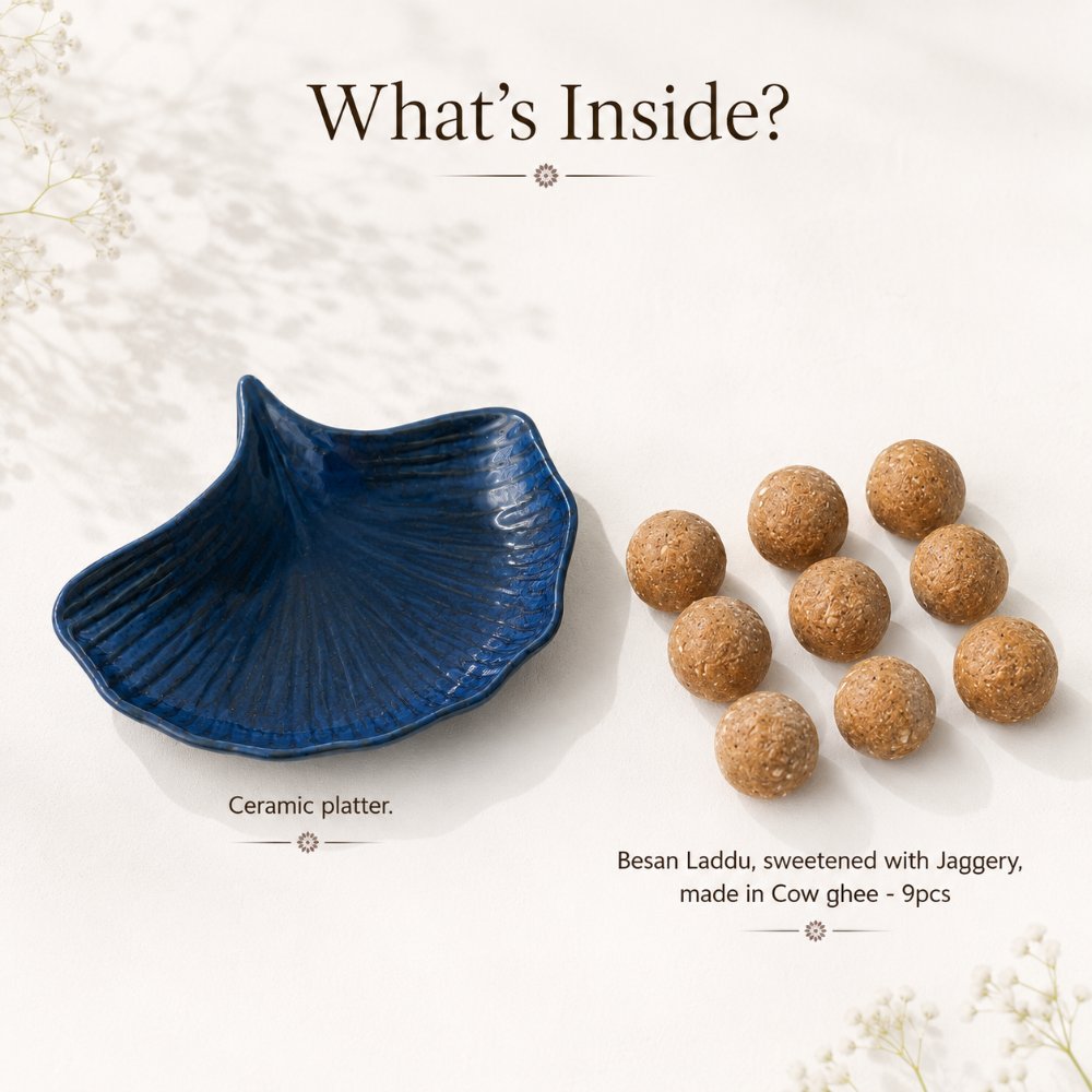Nutri Couture Rakhi Hamper Box Blue Ceramic Platter with Besan laddu -  NCD#5