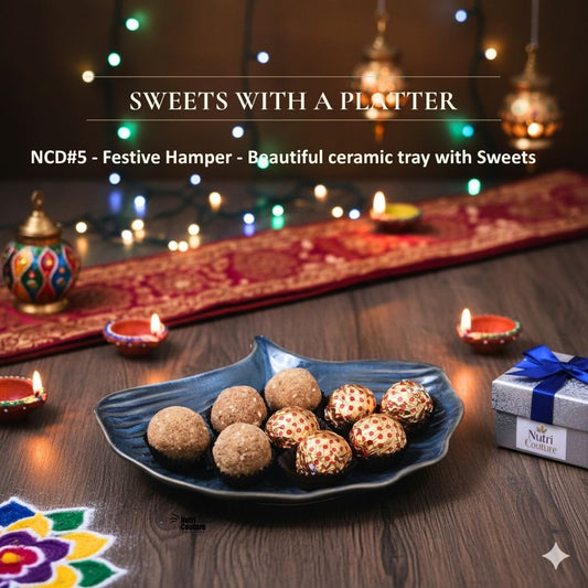 Nutri Couture Blue Ceramic Platter with Besan Laddu - 9 Pcs