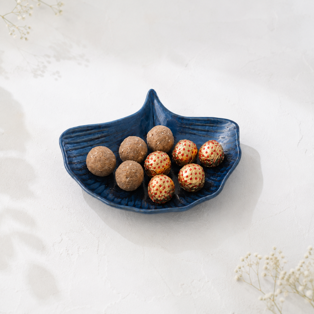 Nutri Couture Rakhi Hamper Box Blue Ceramic Platter with Besan laddu -  NCD#5