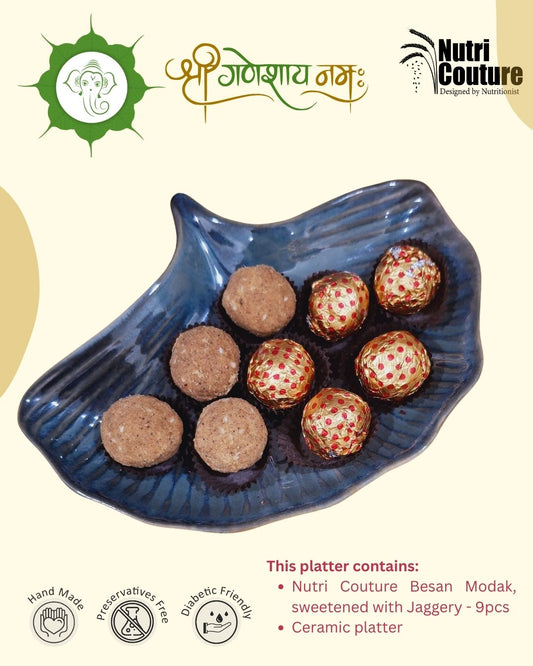 Nutri Couture Besan Laddus Platter (9pcs) – Healthy Festive Gift | Sweetened with Jaggery | Diabetic-Friendly | Premium Ceramic Platter