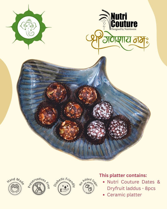 Nutri Couture Dates & Dryfruit Laddus Platter (8 pcs) – Healthy Festive Gift | No Sugar | Diabetic-Friendly | Premium Ceramic Platter