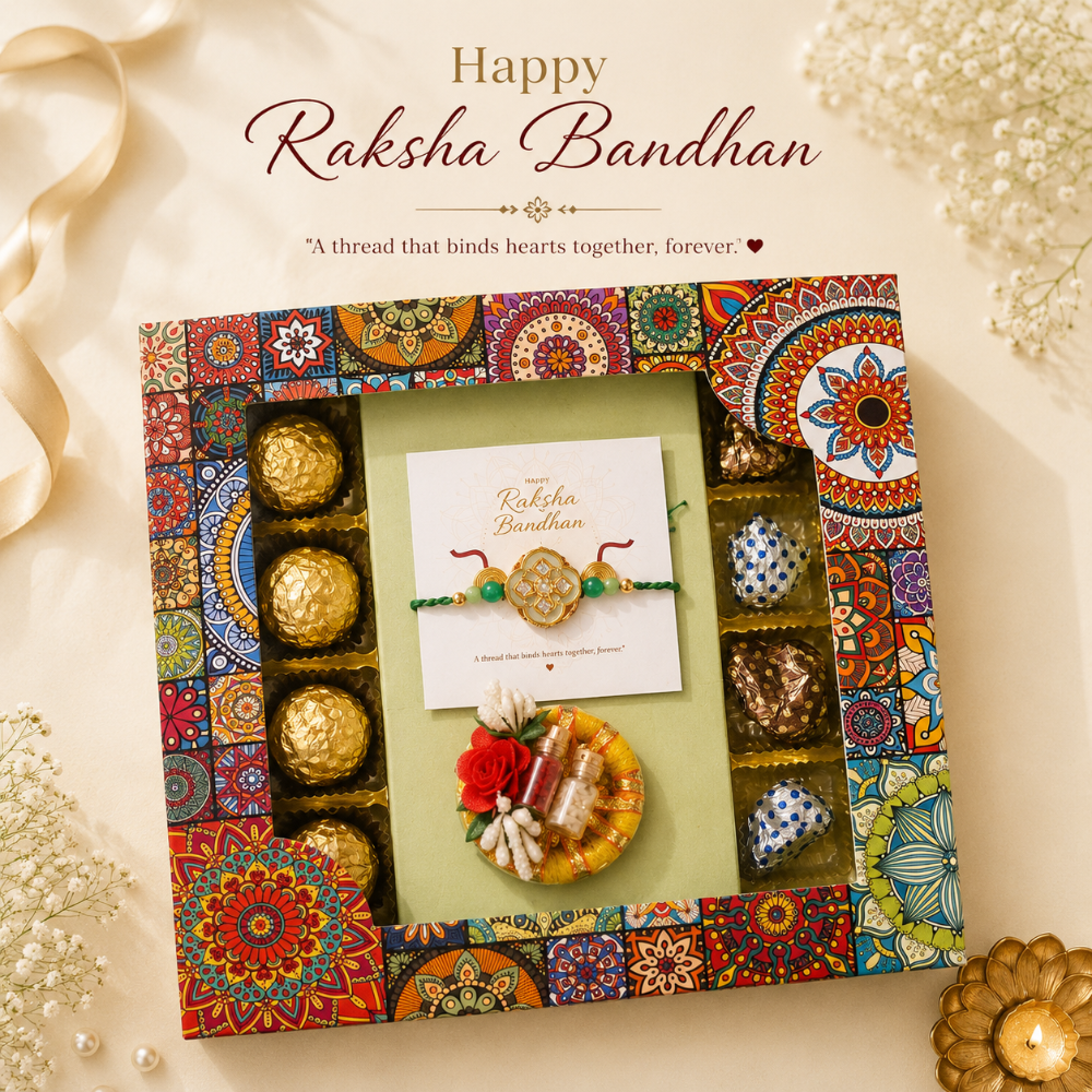 Nutri Couture Rakhi Hamper Box Laddu & Rakhi Combo Single Rakhi, Tilak Platter - NCR26.3